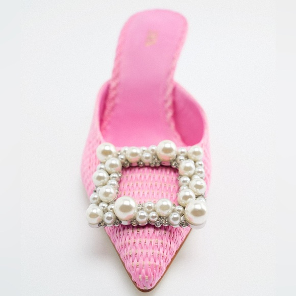 Zara Shoes - Zara Pink High Heel Pointed Toe Mule Shoes with Faux Pearl Beads Size 41